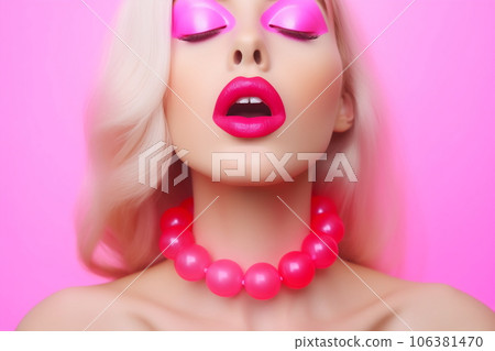 Emotion pink wig woman. Wide open mouth. Pink lips makeup Emotion pink wig woman. Wide open mouth. Pink lips makeup 106381470
