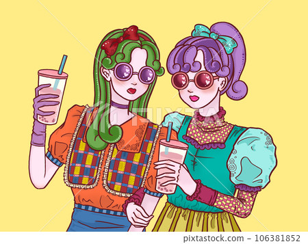 Girls with drinks, friends, twins, yellow background Girls with drinks, friends, twins, yellow background 106381852
