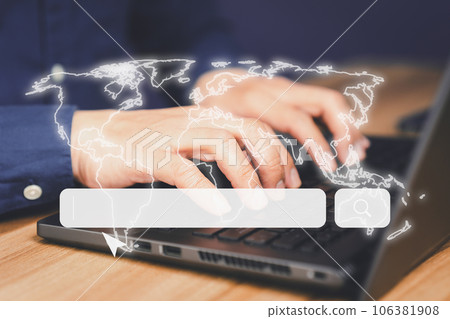 User working with a laptop computer on the table. Search engine optimization of the internet with the search bar. Best SEO technology networking, Searching browsing internet data information concept. 106381908