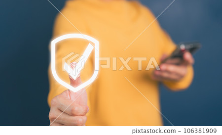 Customer is pressing identity proofing icon for security protection systems on virtual screen. Quality assurance of business services. Certified guarantee approval or secure access system concept. Customer is pressing identity proofing icon for security protection systems on virtual screen. Quality assurance of business services. Certified guarantee approval or secure access system concept. 106381909