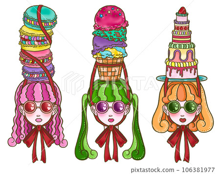 Three girls wearing hats white background macaron ice cake 106381977