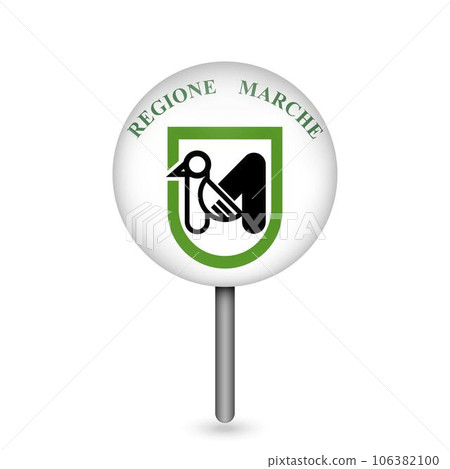 Map pointer with Marche Flag. Region of Italy. Vector illustration. Map pointer with Marche Flag. Region of Italy. Vector illustration. 106382100