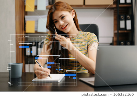 Project manager working and update tasks with milestones progress planning and Gantt chart scheduling diagram. business working with smart phone, tablet and laptop in office.. Project manager working and update tasks with milestones progress planning and Gantt chart scheduling diagram. business working with smart phone, tablet and laptop in office.. 106382160