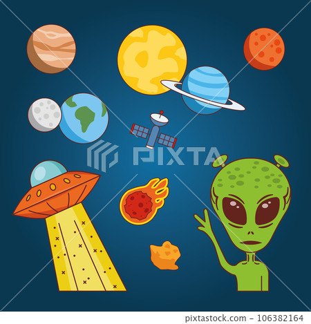 Amidst cosmic wonders, planets align, moon, satellite orbits, a UFO and comet surprise, watched by a green alien. Amidst cosmic wonders, planets align, moon, satellite orbits, a UFO and comet surprise, watched by a green alien. 106382164