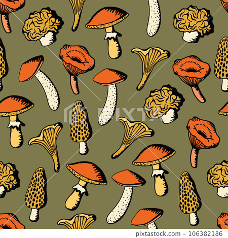 A charming seamless pattern featuring an array of whimsical mushrooms, set against a soothing olive-colored background. 106382186