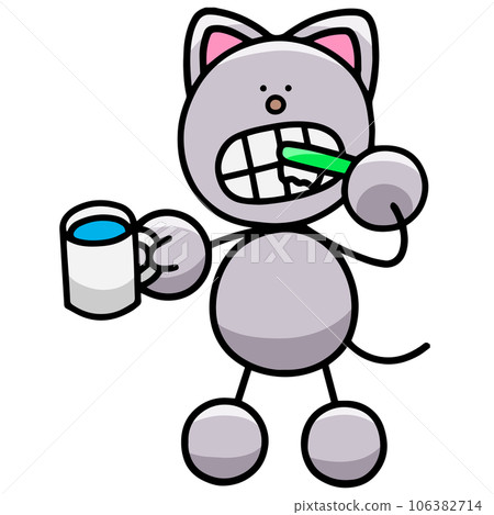 Illustration of Nyanmaru brushing his teeth (left/right flipped version) Cat 106382714