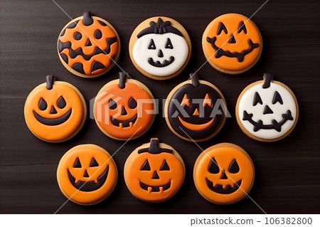 Home baking Halloween cookies for party, cute and delicious homemade iced biscuits on dark background, top view. Generative AI 106382800