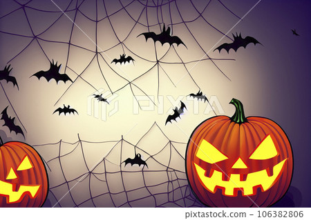 Halloween. 2023. Happy Halloween. Pumpkins in the cemetery. Halloween background. Night clouds and pumpkins. Pumpkins. Full moon, witches cauldron, spider web and flying bat. October. 31. Illustration 106382806