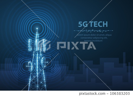 Abstract antenna mast on blue cityscape background. Abstract antenna mast on blue cityscape background. 106383203