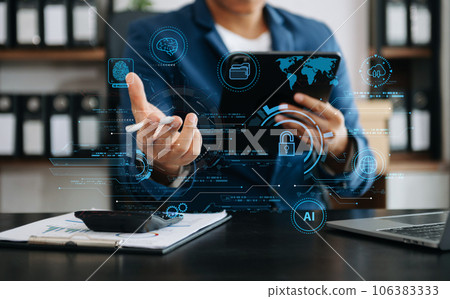 Network security. business using digital tablet and computer with digital padlock for data protection, internet technology networking and cyber security technology. 106383333