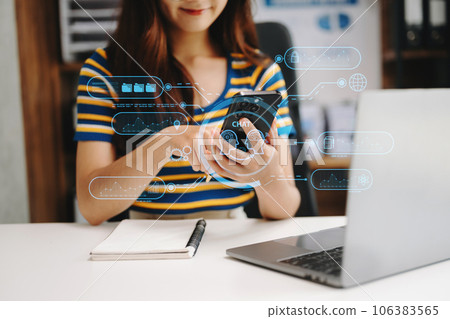 Woman using chatbot in computer and tablet smart intelligence Ai.Chat with AI Artificial Intelligence, developed by OpenAI generate. Futuristic technology, robot in online system. Woman using chatbot in computer and tablet smart intelligence Ai.Chat with AI Artificial Intelligence, developed by OpenAI generate. Futuristic technology, robot in online system. 106383565
