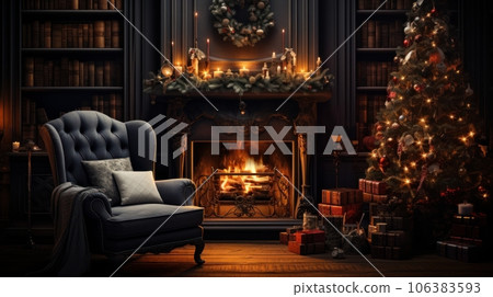 Interior of cozy classic living room with Christmas decor. Blazing fireplace, wreath, garlands and burning candles, elegant Christmas tree, vintage armchair, bookcases. Christmas fairy tale. Interior of cozy classic living room with Christmas decor. Blazing fireplace, wreath, garlands and burning candles, elegant Christmas tree, vintage armchair, bookcases. Christmas fairy tale. 106383593