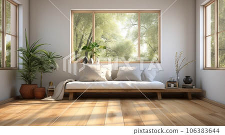 Aesthetic minimalist composition of japandi living room interior. Long wooden bench with cushions, decorative vases, exotic plants in floor pots, wooden floor, large windows. Home decor. Template. 106383644