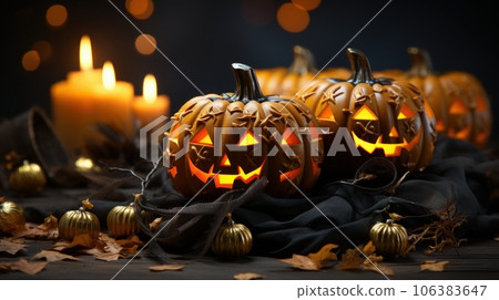 Sinister Halloween composition in dark tones. Spooky pumpkin jack-o-lanterns, burning candles, dry leaves, blurred background with bokeh effect. Template, copy space. Sinister Halloween composition in dark tones. Spooky pumpkin jack-o-lanterns, burning candles, dry leaves, blurred background with bokeh effect. Template, copy space. 106383647