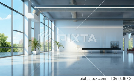 Interior of luxury empty open space office area in modern building. Glossy floor, white columns, plants in floor pots, huge floor-to-ceiling windows with urban landscape view. Template, 3D rendering. 106383670