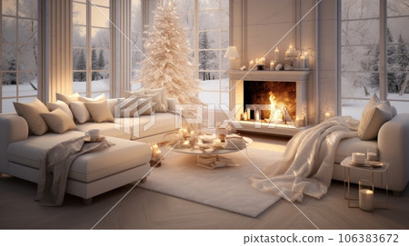 Interior of classic white living room with Christmas decor. Blazing fireplace, garlands and burning candles, elegant Christmas tree, comfortable cushioned furniture, large windows with forest view. 106383672