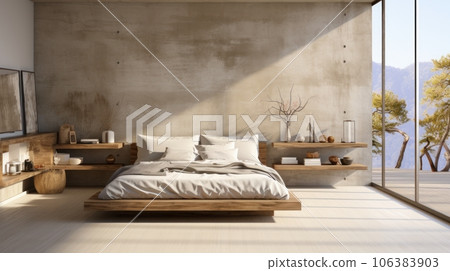Minimalist interior of modern luxury loft bedroom. Concrete walls, rough wooden bed and side tables, decorative vases, home decor, floor-to-ceiling window with garden view. Template, 3D rendering. Minimalist interior of modern luxury loft bedroom. Concrete walls, rough wooden bed and side tables, decorative vases, home decor, floor-to-ceiling window with garden view. Template, 3D rendering. 106383903