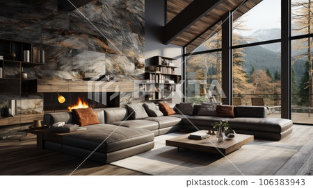 Interior of cozy modern luxury cottage. Stone wall, comfortable corner sofa with cushions, wooden coffee table, wooden floor. Panoramic windows with forest view. Eco home design. Interior of cozy modern luxury cottage. Stone wall, comfortable corner sofa with cushions, wooden coffee table, wooden floor. Panoramic windows with forest view. Eco home design. 106383943