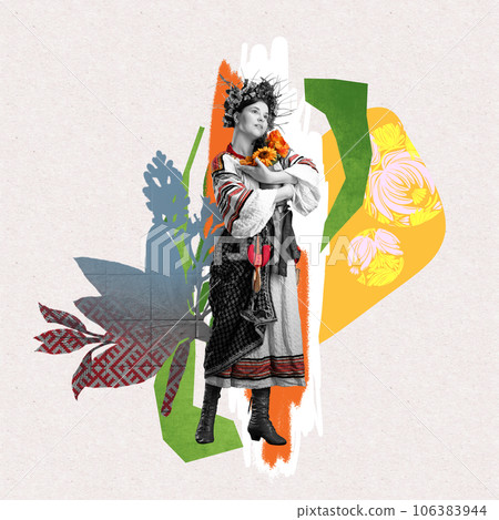 Elegant young woman, in traditional ukrainian outfit standing with sunflowers with dreamy face. Contemporary art collage. Elegant young woman, in traditional ukrainian outfit standing with sunflowers with dreamy face. Contemporary art collage. 106383944