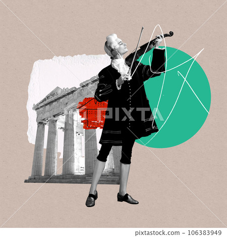 Elegant male model as historical character, great music composer playing violin. Classical music. Contemporary art collage. 106383949