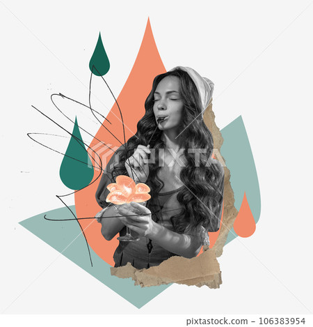 Black and white portrait of beautiful young woman holding glass with human eyes. Medieval person. Contemporary art collage. Black and white portrait of beautiful young woman holding glass with human eyes. Medieval person. Contemporary art collage. 106383954