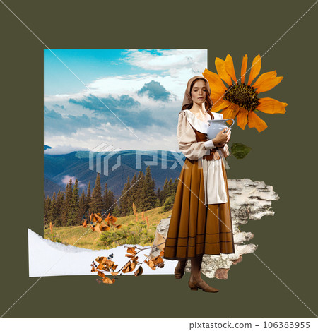 Beautiful, tender young girl standing in field with mountain view. Medieval person. Contemporary art collage. Beautiful, tender young girl standing in field with mountain view. Medieval person. Contemporary art collage. 106383955