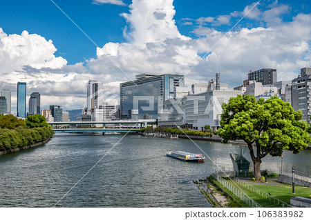 Urban landscape of Osaka, the aquatic capital, near Temmabashi Bridge 106383982