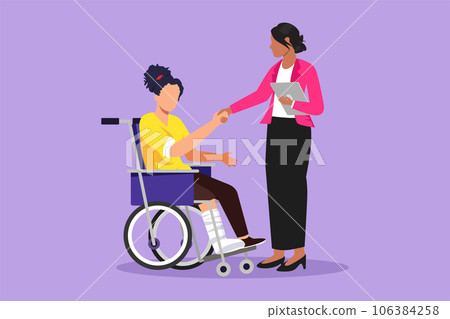 Character flat drawing disability employment responsibility, work for disabled people. Active disable woman sit in wheelchair shaking hand with colleague in office. Cartoon design vector illustration Character flat drawing disability employment responsibility, work for disabled people. Active disable woman sit in wheelchair shaking hand with colleague in office. Cartoon design vector illustration 106384258