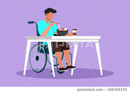 Character flat drawing young male patient in wheelchair eating ramen or noodle food and sitting at table. Having lunch, snack in cafe. Society and disabled people. Cartoon design vector illustration Character flat drawing young male patient in wheelchair eating ramen or noodle food and sitting at table. Having lunch, snack in cafe. Society and disabled people. Cartoon design vector illustration 106384259