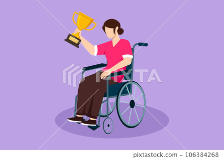 Graphic flat design drawing happy beautiful woman in wheelchair holding golden cup trophy winner podium. Sport game competition, training, challenge, business goal. Cartoon style vector illustration Graphic flat design drawing happy beautiful woman in wheelchair holding golden cup trophy winner podium. Sport game competition, training, challenge, business goal. Cartoon style vector illustration 106384268
