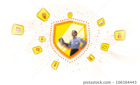 Businessman standing in security symbol, working on laptop, developing secure internet access. Contemporary art collage. 106384443