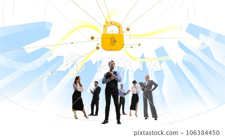 Business people, employees using mobile phone in business, taking care after security data system. Contemporary art collage. 106384450