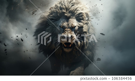 the lion comes out of the fog the lion comes out of the fog 106384456