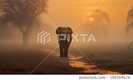 elephant comes out of the fog 106384629