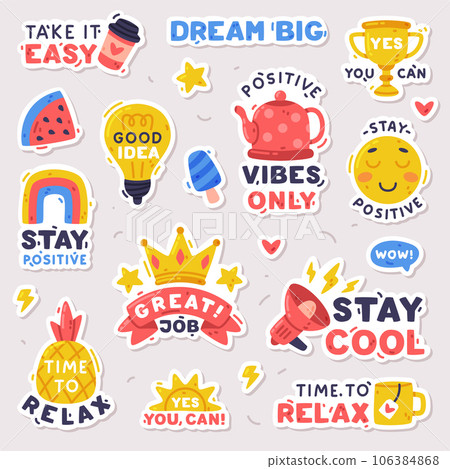 Bright Stickers Design with Positive Saying Vector Set Bright Stickers Design with Positive Saying Vector Set 106384868