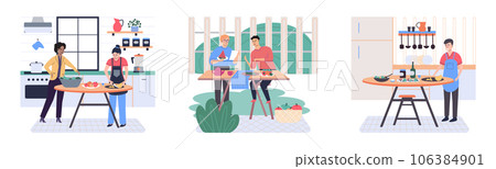 People cooking vegetarian food. Vector illustration. Fresh and healthy food. Vegetarian nutrition. Man woman dining, eat food and bake. Happy culinary. Lady at stove alone. Making dishes for holiday 106384901