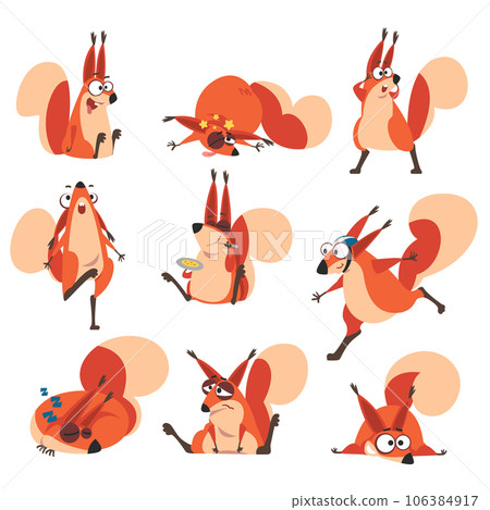 Cute Squirrel with Bushy Tail in Different Action with Emotion Vector Set 106384917
