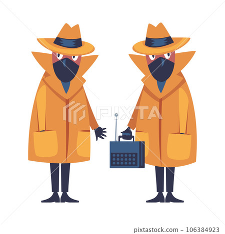 Man Spy Character in Mustard Coat and Hat Wiretapping Investigating Vector Illustration 106384923