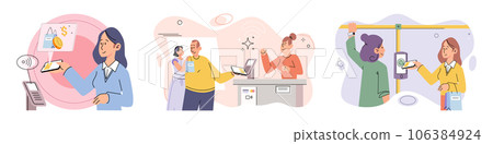 Cashless payment. Vector illustration. Contactless payment and touchless technology provide convenient and safer ways to make transactions NFC chip technology enables secure and efficient contactless Cashless payment. Vector illustration. Contactless payment and touchless technology provide convenient and safer ways to make transactions NFC chip technology enables secure and efficient contactless 106384924