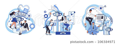 Team solving complex problems. Teamwork vector illustration metaphor. Coworkers characters communication Team building and business partnership concept Brainstorming team discuss about new project Team solving complex problems. Teamwork vector illustration metaphor. Coworkers characters communication Team building and business partnership concept Brainstorming team discuss about new project 106384971