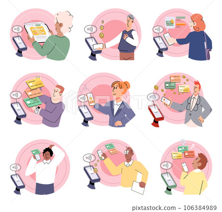 Cashless payment. Vector illustration. Touchless payment methods are compatible with wide range of devices, including smartphones and smartwatches Cashless payments contribute to reducing need 106384989