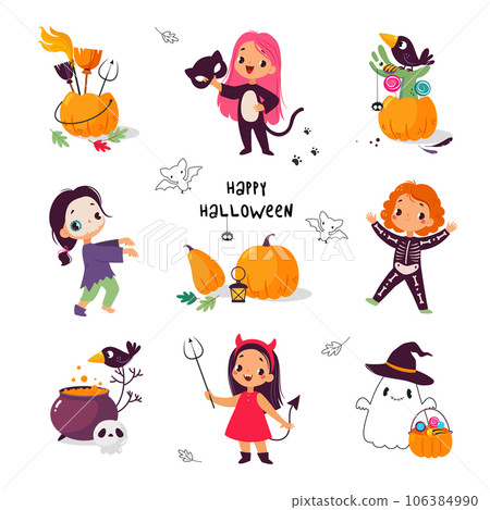 Happy Girl Character at Halloween Party Celebration Vector Illustration Set Happy Girl Character at Halloween Party Celebration Vector Illustration Set 106384990