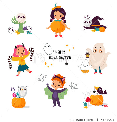 Happy Boy and Girl Character at Halloween Party Celebration Vector Illustration Set 106384994
