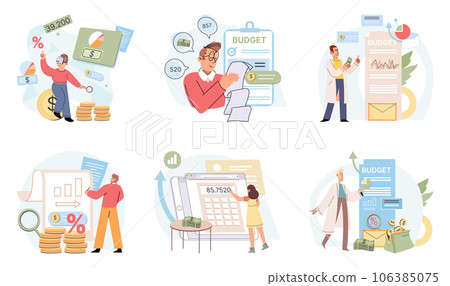 Set of people analyzing personal or corporate budget, cash revenue and costs . Concept of finance accounting and calculation of financial income and expenses report, assets, equity, earnings Set of people analyzing personal or corporate budget, cash revenue and costs . Concept of finance accounting and calculation of financial income and expenses report, assets, equity, earnings 106385075