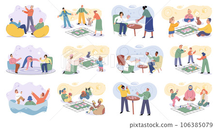 Game together. Family fun. Friendship time. Vector illustration. The characters in game came alive with each players unique strategies and actions Lets gather our friends and have game night full of 106385079