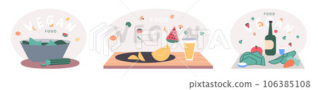 People cooking vegetarian food. Vector illustration. Cooking dietary dishes. Vegan and natural, green diet eating lifestyle tiny person. Salad in vegetable bowl. Fresh and healthy food nutrition 106385108