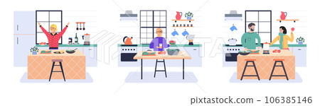 People cooking vegetarian food. Vector illustration. Smiling people cooking on home interior kitchen table. Characters cooking fresh salad and other healthy meals from fresh vegetables 106385146
