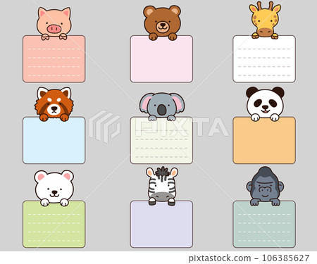 Hand-drawn simple and cute animal illustration set A holding a square memo with main lines 106385627