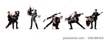 Collage. Man and woman, talented ballet dancers in black costumes performing, dancing on white background 106386448