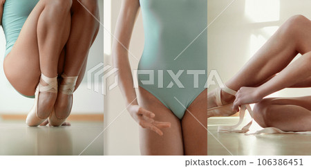 Collage. Cropped image of tender ballerina body in bodysuits and slim legs wearing pointe. Ballet class 106386451